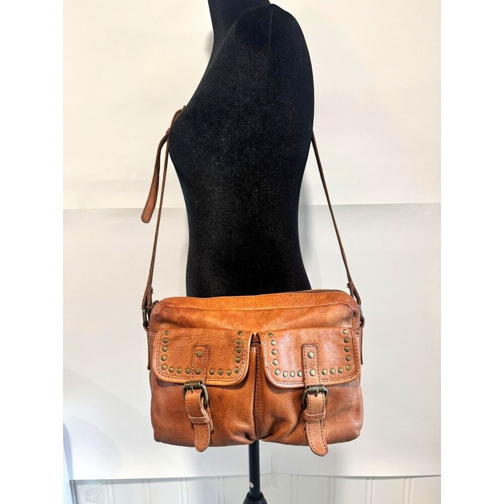 Ashwood Genuine Leather Brown Studded Crossbody Bag Multi Pocket Purse